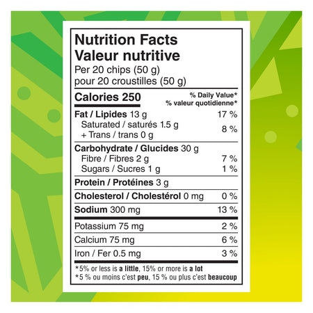 Nutrition facts label for Doritos Guacamole Tortilla Chips, 210g/7.4 oz with a green abstract pattern