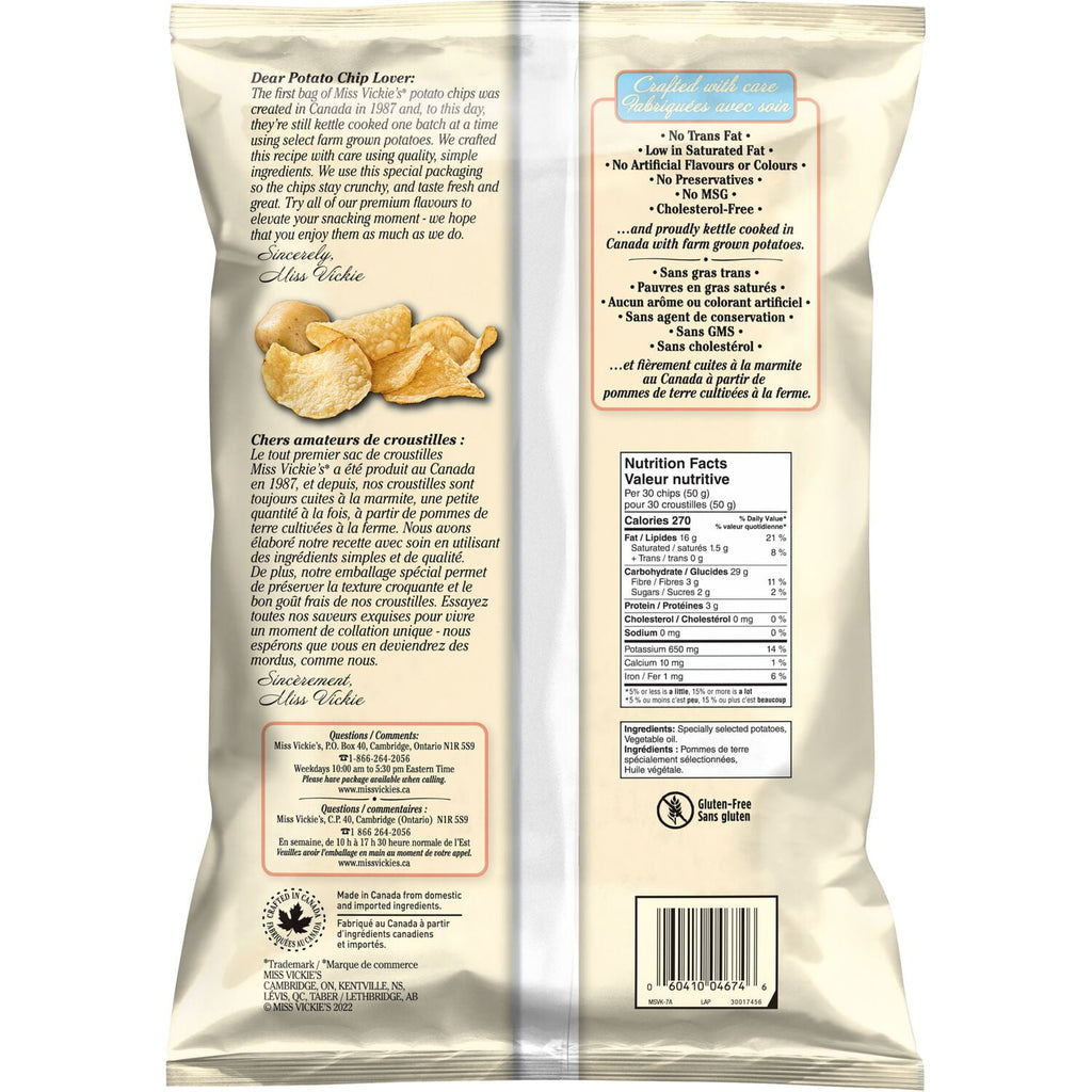 Miss Vickie's Kettle Cooked Unsalted Potato Chips, 200g, back of bag.