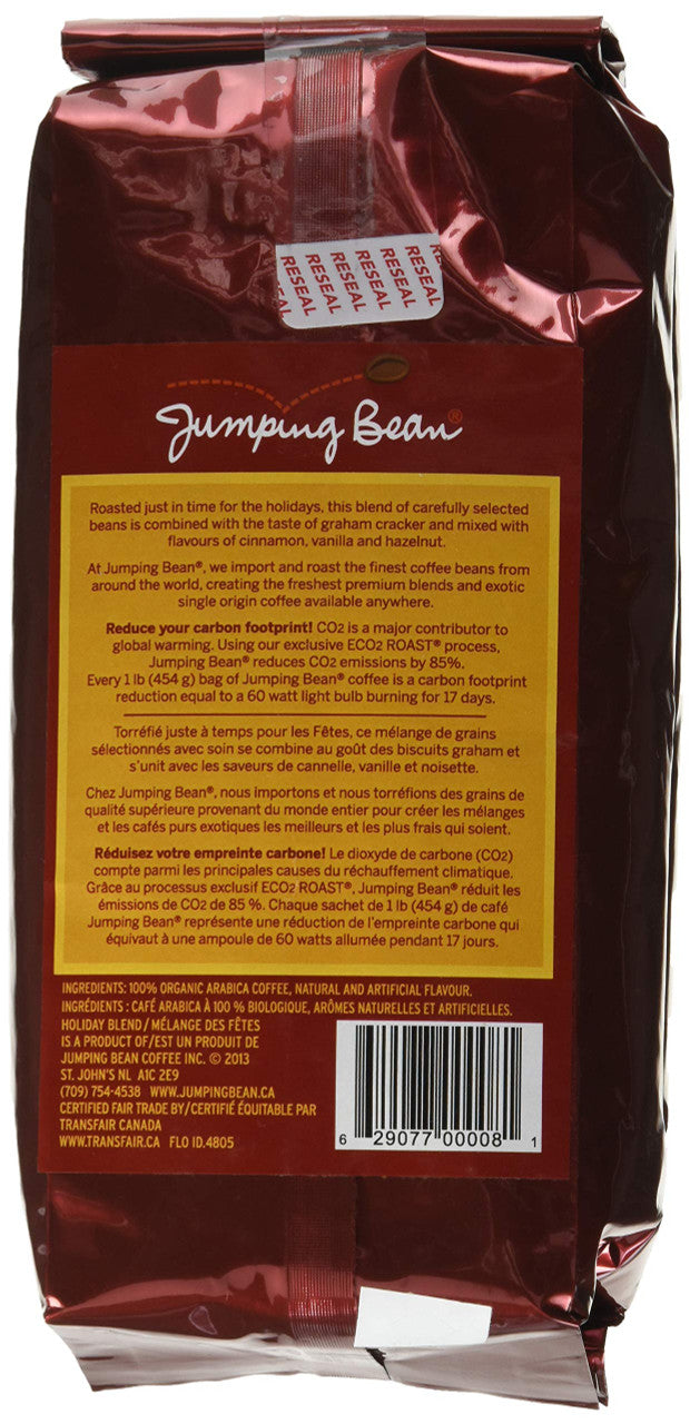 Jumping Bean Holiday Flavored Whole Bean Coffee, Holiday Blend, 454g/1lb {Imported from Canada}