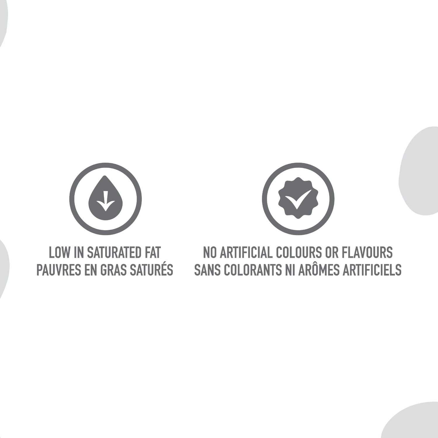 Product label with icons and text about fat content and artificial ingredients on a white background.