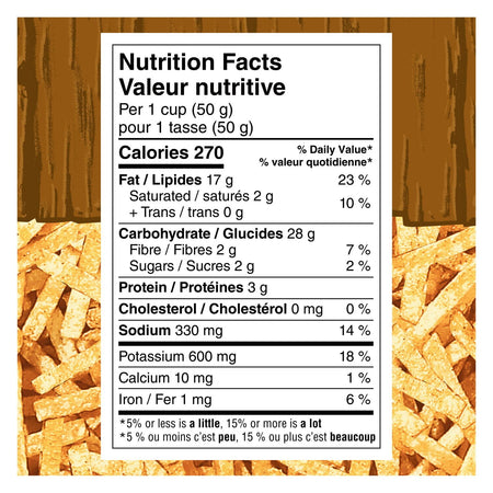 Nutrition facts label of Hostess Hickory Sticks Potato Sticks, Salt & Vinegar, 275g/9.7 oz., Bag