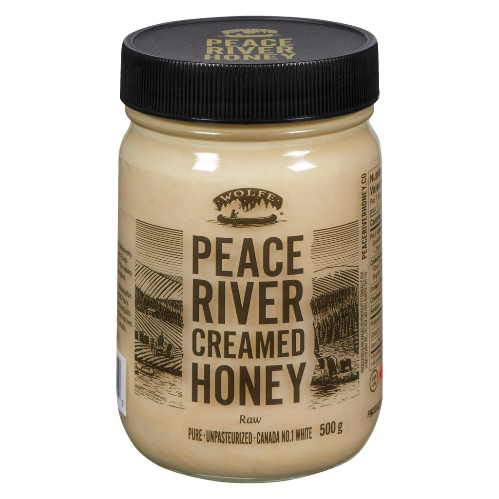 Peace River Unpasteurized Pure White Honey, 500g/17.6 oz., Jar, front of jar.