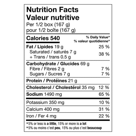 Nutrition facts label for KD Kraft Dinner Deluxe CHEESY ROASTED GARLIC Mac & Cheese, 333g in both English and French.
