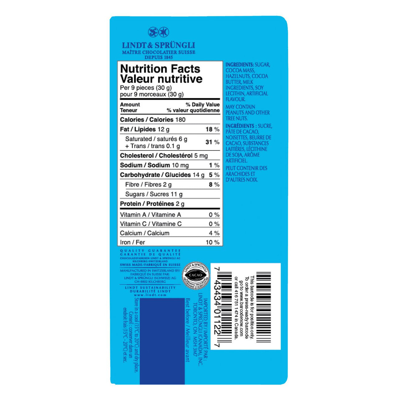 Lindt Swiss Classic Dark Hazelnut Chocolate Bar, 100g/3.5 oz. {Imported from Canada}