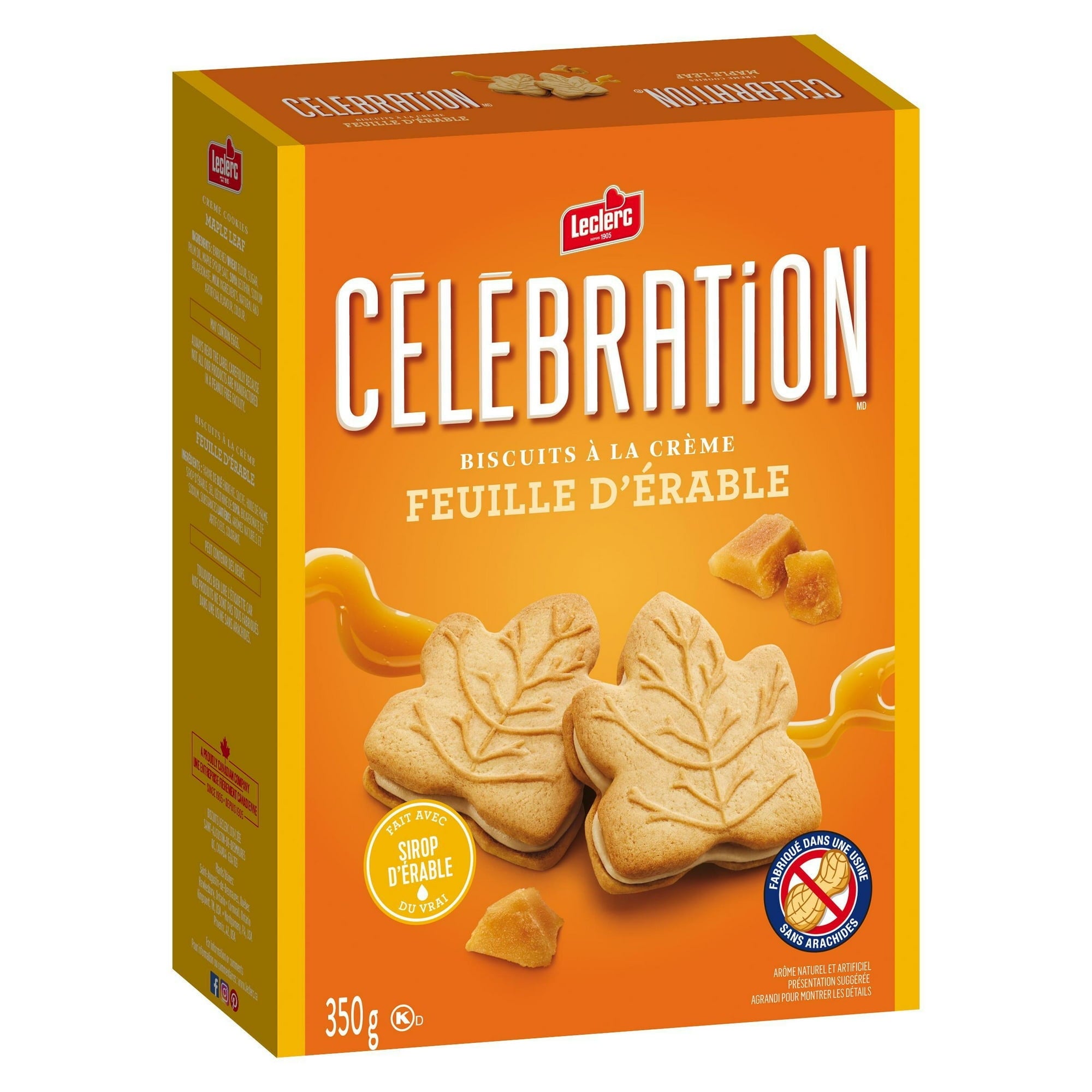 Box of Leclerc Celebration maple leaf cookies on a white background