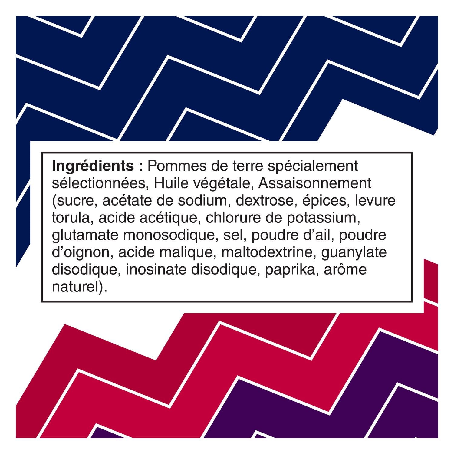 French ingredients label of Ruffles Spicy All-Dressed Potato Chips, 180g/6.3 oz., Bag