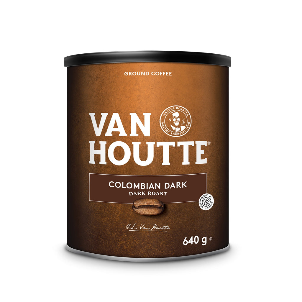 Van Houtte Colombian Dark roast coffee can on a white background