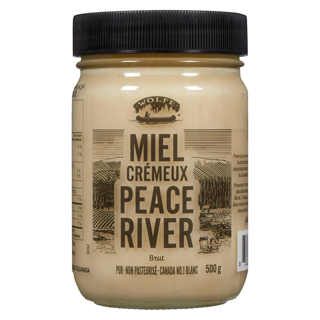 Peace River Unpasteurized Pure White Honey, 500g/17.6 oz., Jar, back of jar.