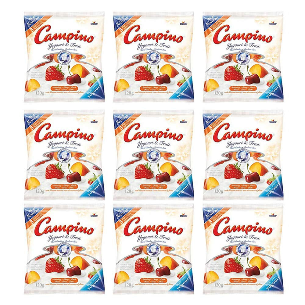 Campino Yogurt & Fruit Hard Candies - Strawberry, Cherry, Peach 120g/4.2oz, 9-Pack {Imported from Canada}