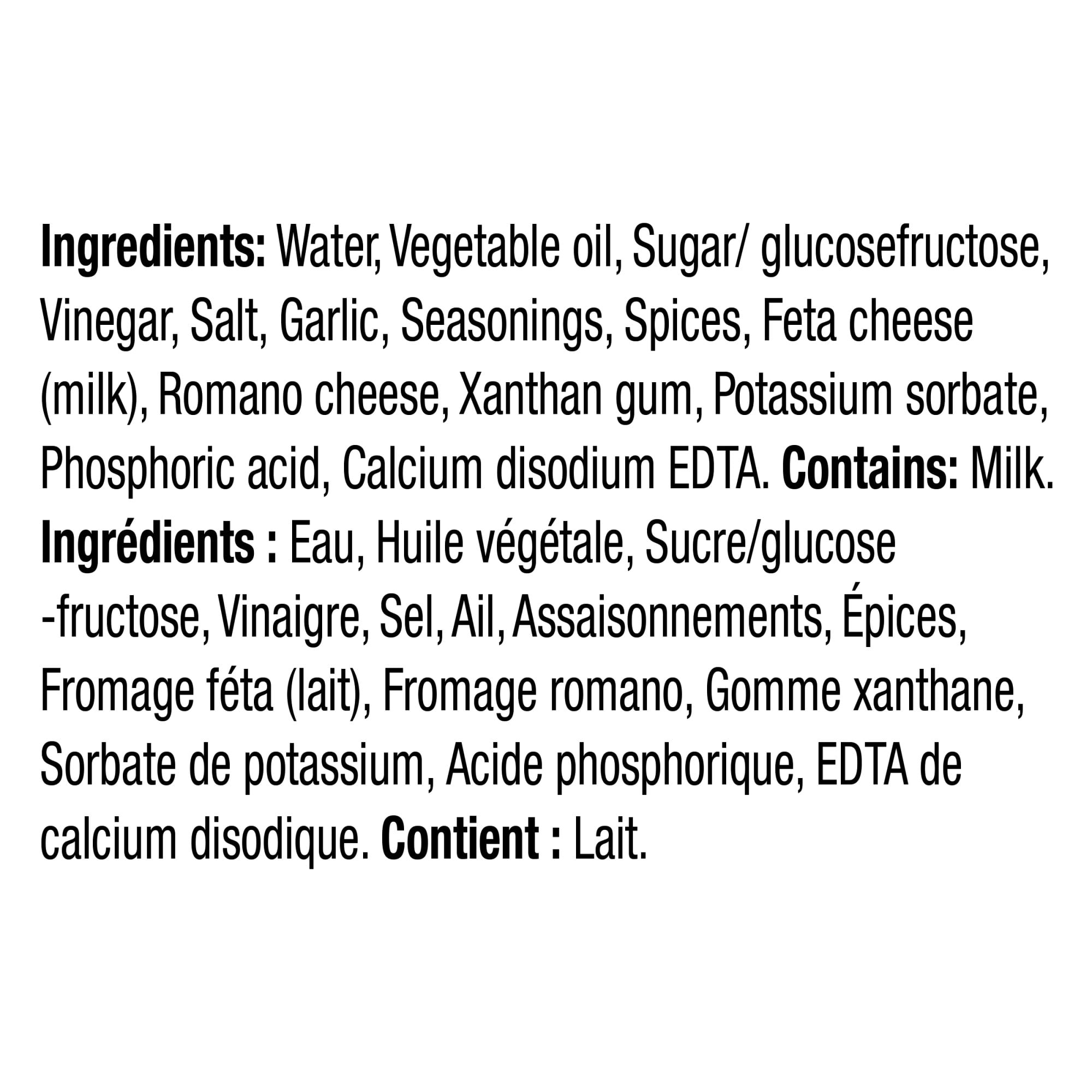 Kraft Calorie-Wise Greek with Feta & Oregano Salad Dressing 425ml/14.4 oz., Bottle, ingredients label