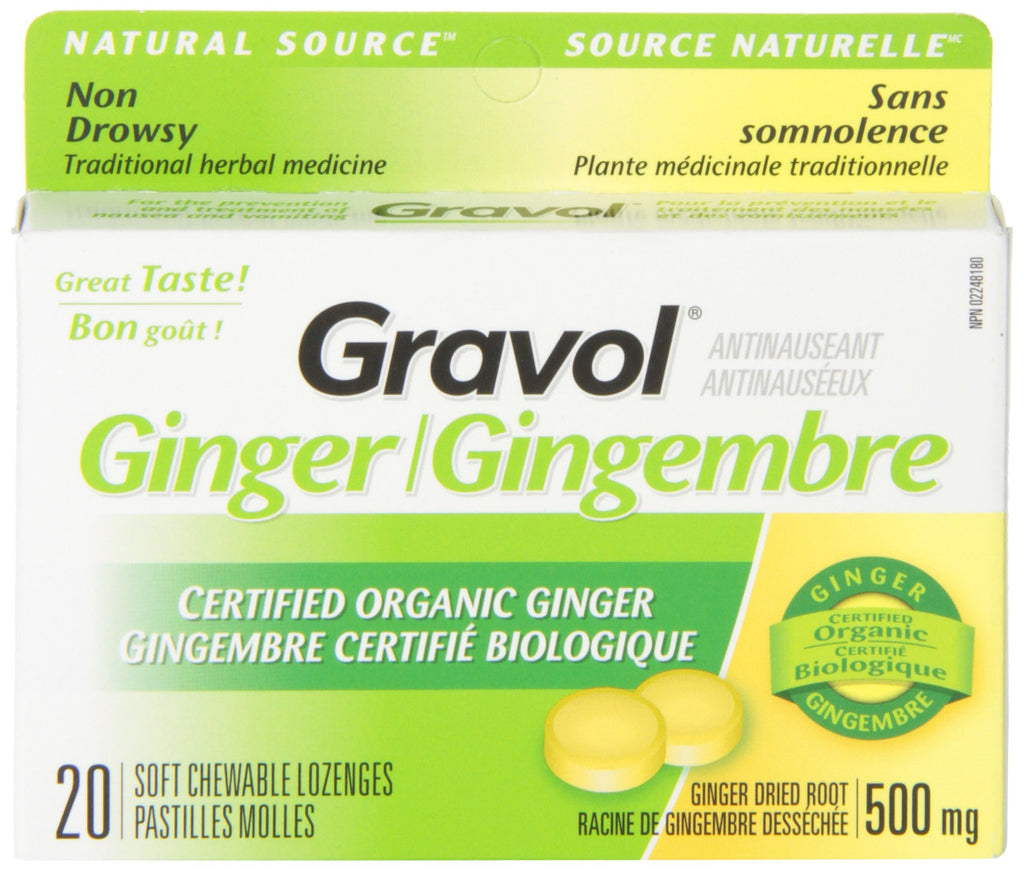 Certified Organic Ginger GRAVOL (20 Chewable Lozenges)500mg Antinauseant for NAUSEA, VOMITING & MOTION SICKNESS