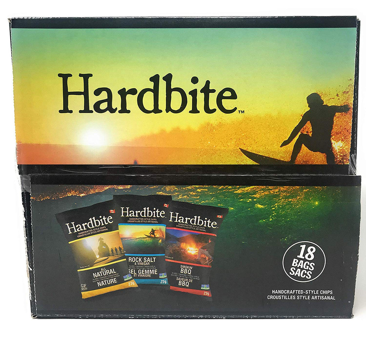 Hardbite Handcrafted-Style Potato Chips -18 Bags - 6 All Natural, 6 Rock Salt & Vinegar, 6 Smoking' BBQ, {Imported from Canada}