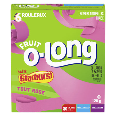 Box of Fruit O-Long Starburst fruit rolls with green and pink design
