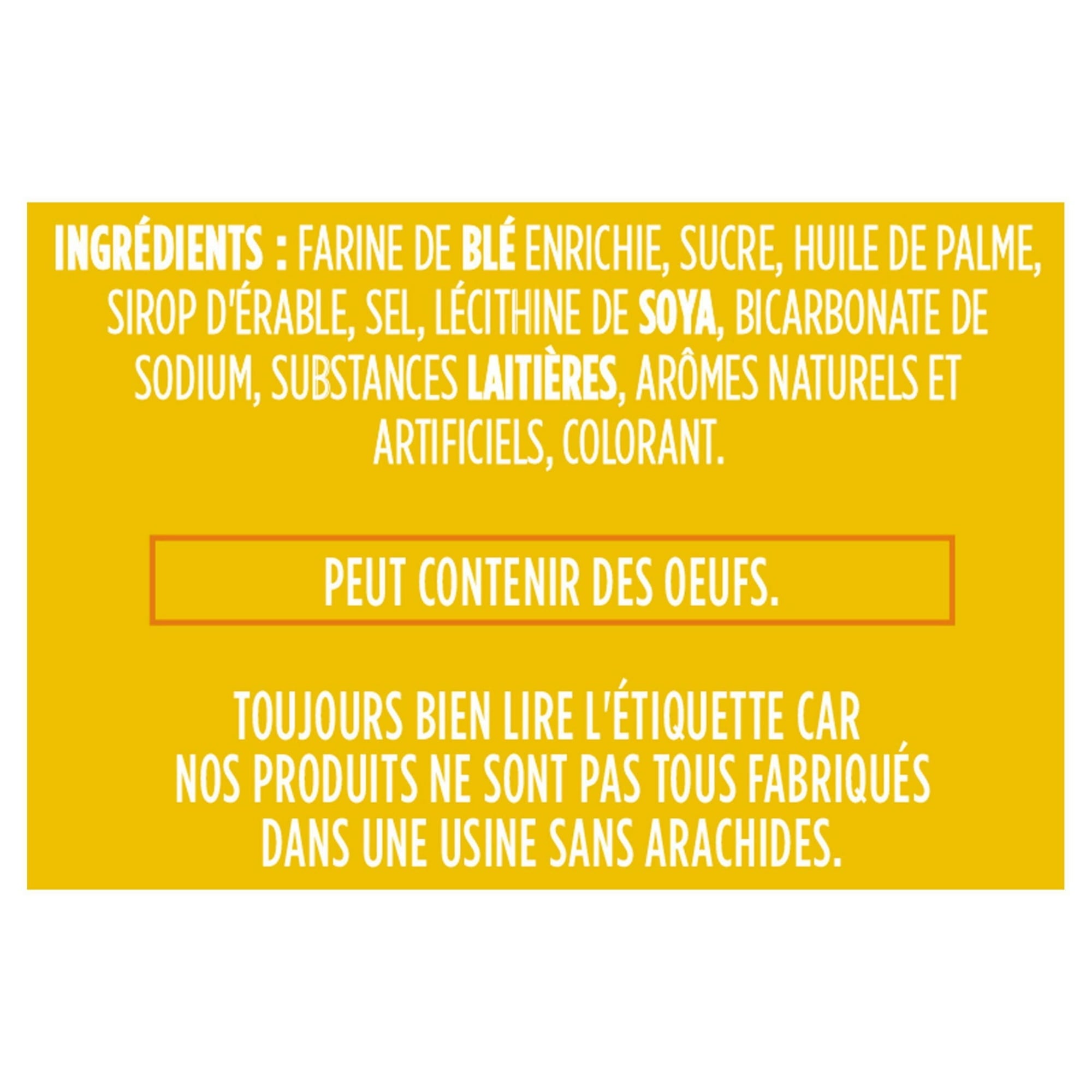 Yellow ingredient label in French for Leclerc Celebration Maple Leaf Creme Cookies, 350g/12.3 oz with white text on a white background