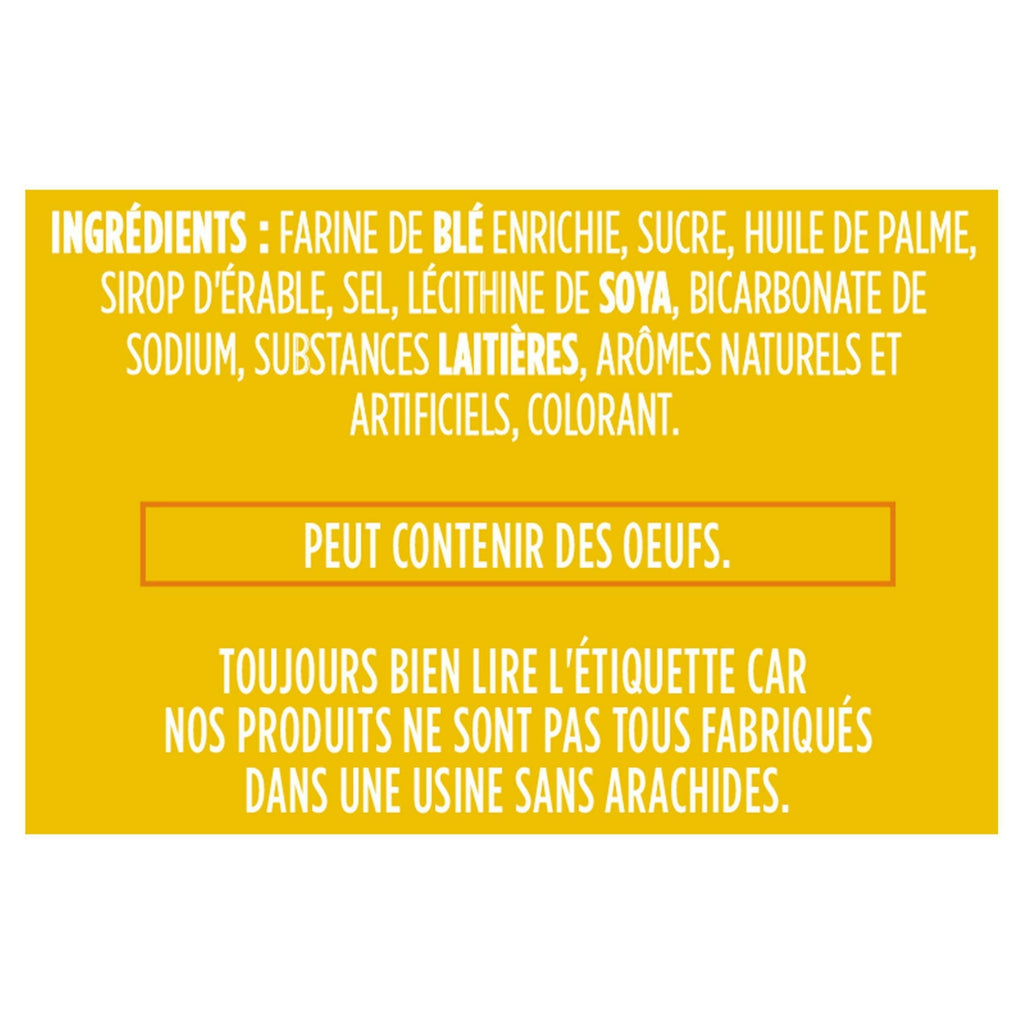 Yellow ingredient label in French for Leclerc Celebration Maple Leaf Creme Cookies, 350g/12.3 oz with white text on a white background