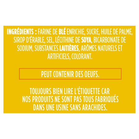 Yellow ingredient label in French for Leclerc Celebration Maple Leaf Creme Cookies, 350g/12.3 oz with white text on a white background