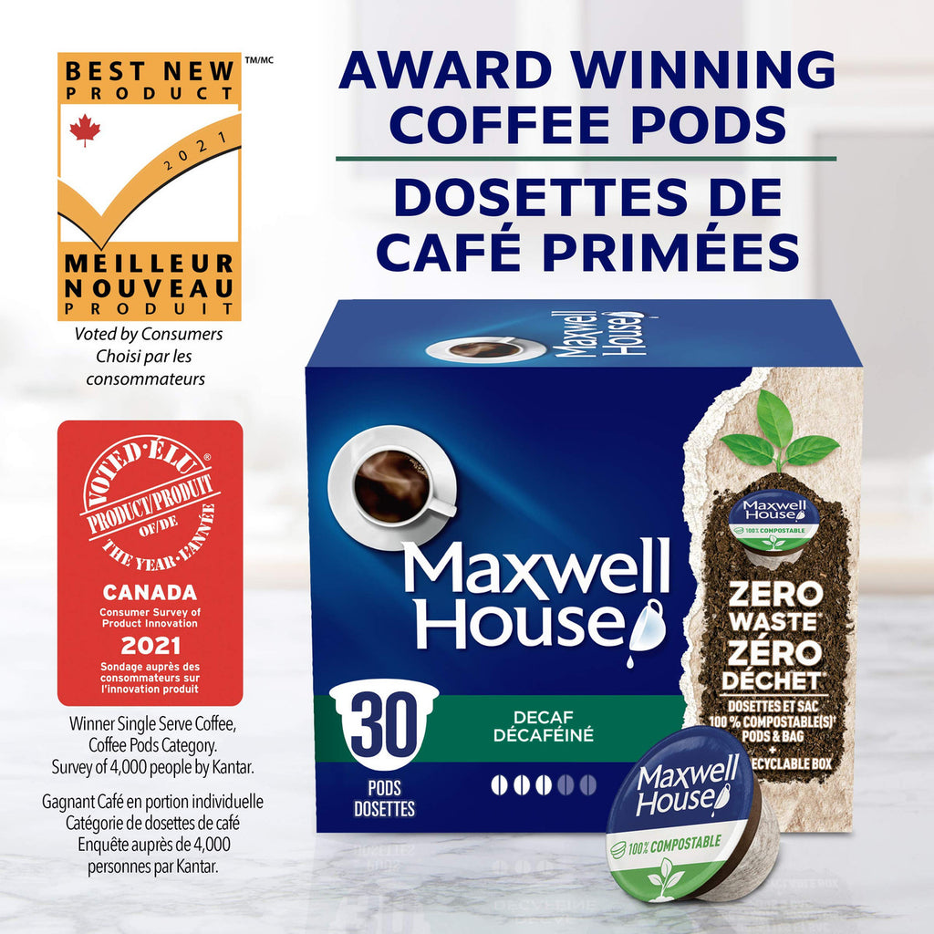 Maxwell House Decaf Coffee 100% Compostable Pods, 30 Keurig Pods, {Imported from Canada}