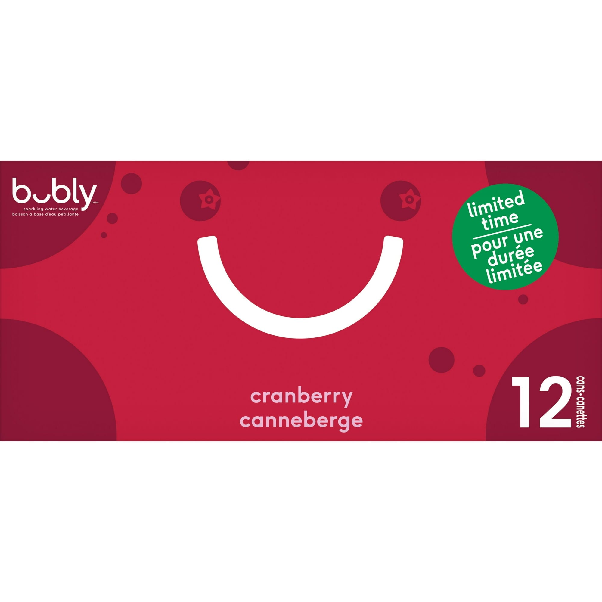 Bubly cranberry sparkling water box packaging with red background and white text