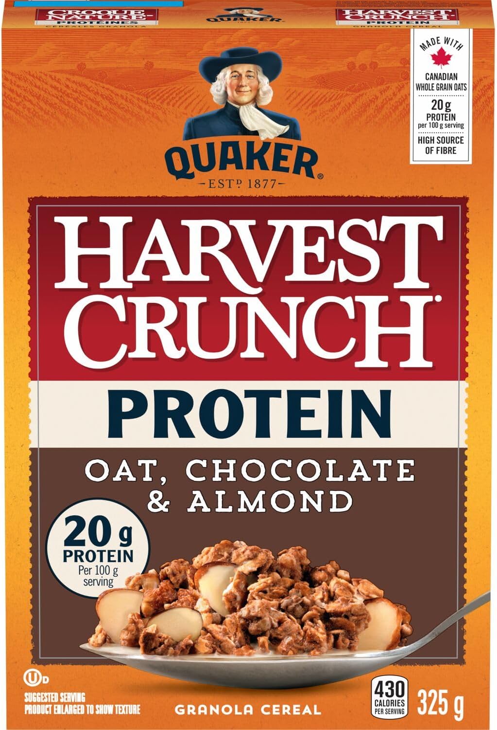 Quaker Harvest Crunch Protein Cereal, Oat, Chocolate & Almond, front of box