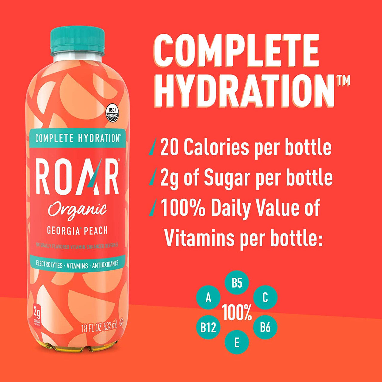 Roar Organic Georgia Peach Vitamin Enhanced Beverage, 532mL/18.6 fl. oz., Bottle {Imported from Canada}