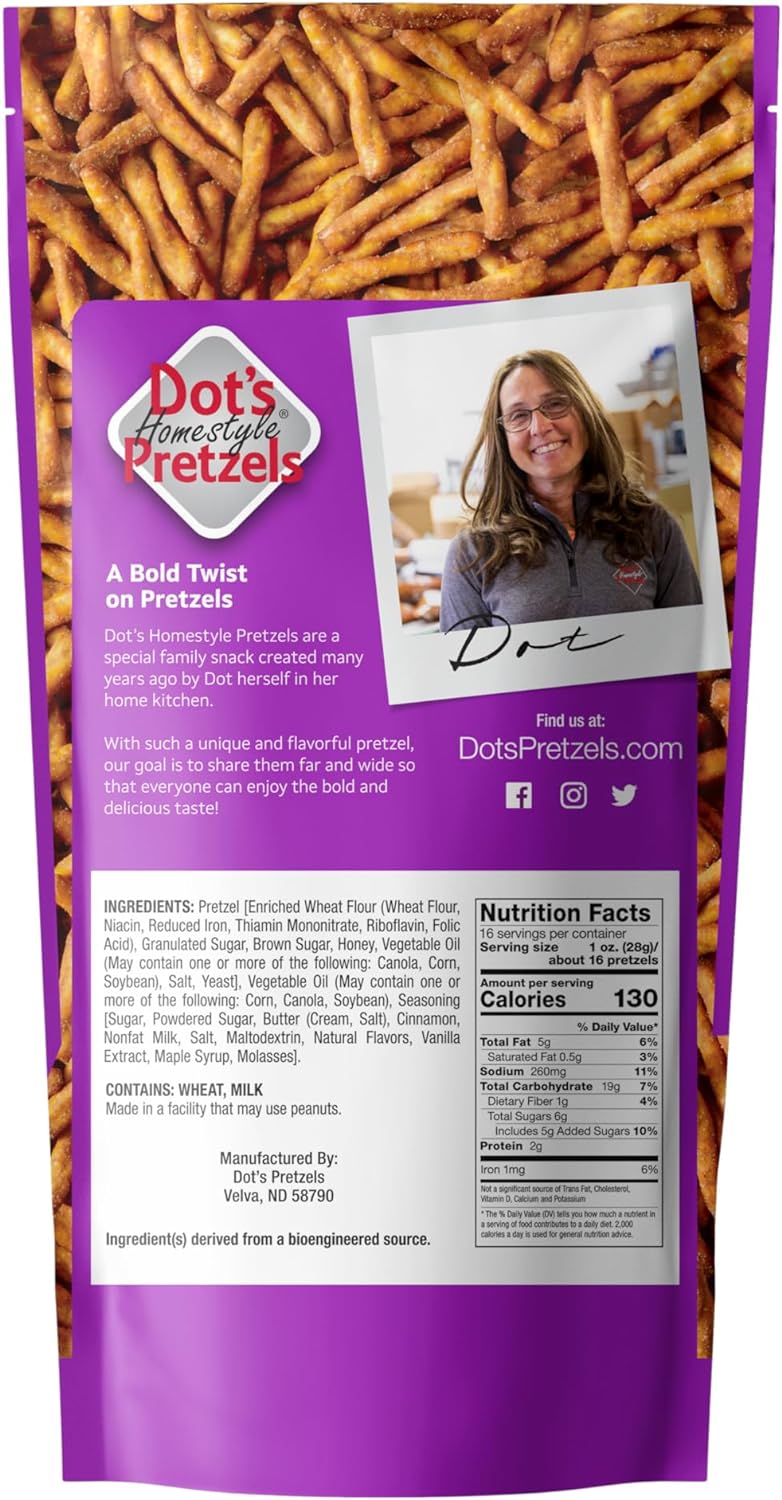 Dot's Cinnamon Sugar Homestyle Pretzel Twists, 454g, back of bag.