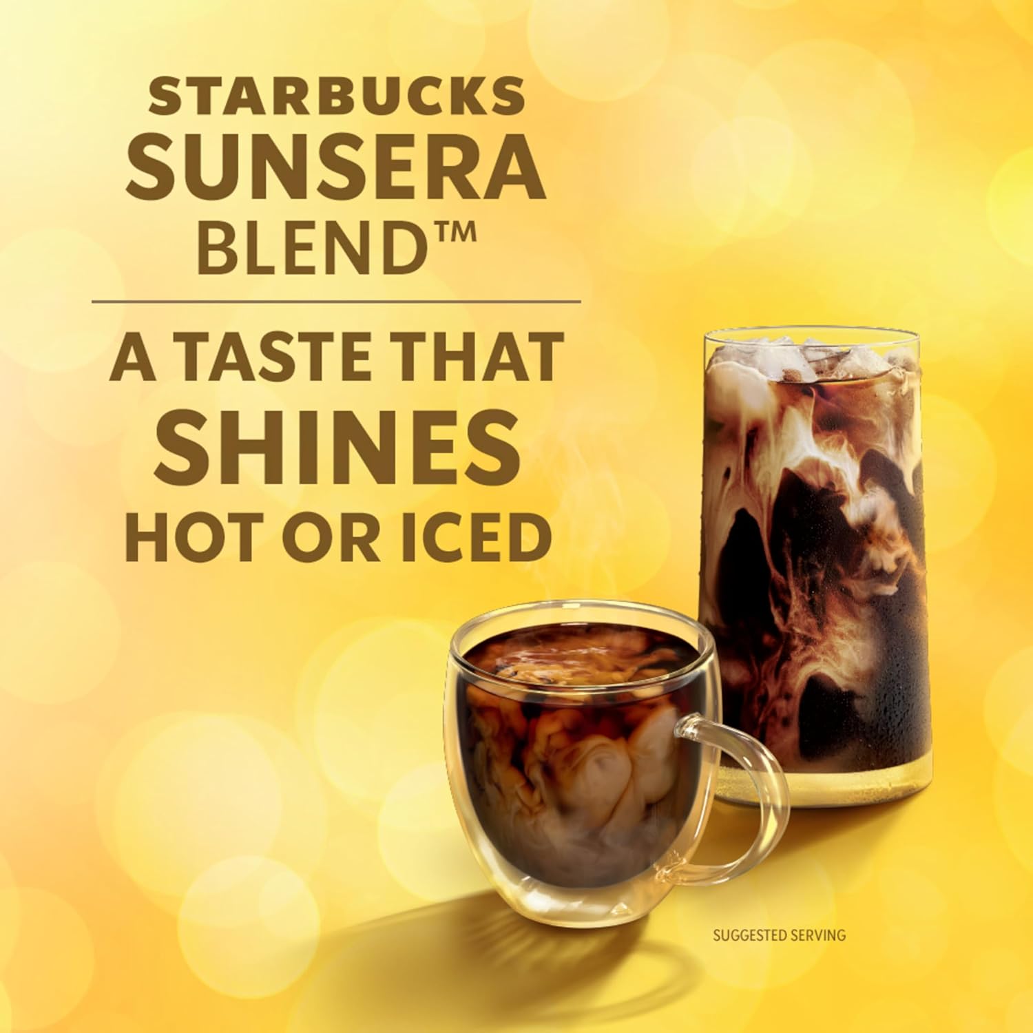 Advertisement for Starbucks Sunsera Blend coffee with two glasses on a yellow background