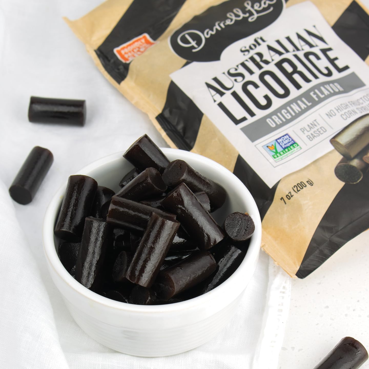 Darrell Lea Soft Australian Plant Based Licorice, Original Flavor, 200g, licorice in a bowl.