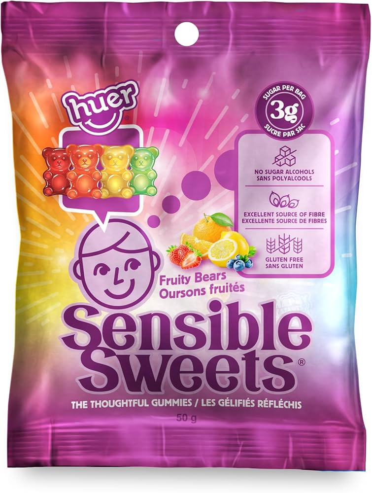 One individual pouch of Sensible Sweets Fruity Bears Gummies.