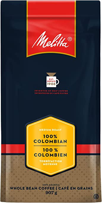 Melitta 100% Colombian Whole Bean Coffee, 907g/32oz., Bag, {Imported from Canada}