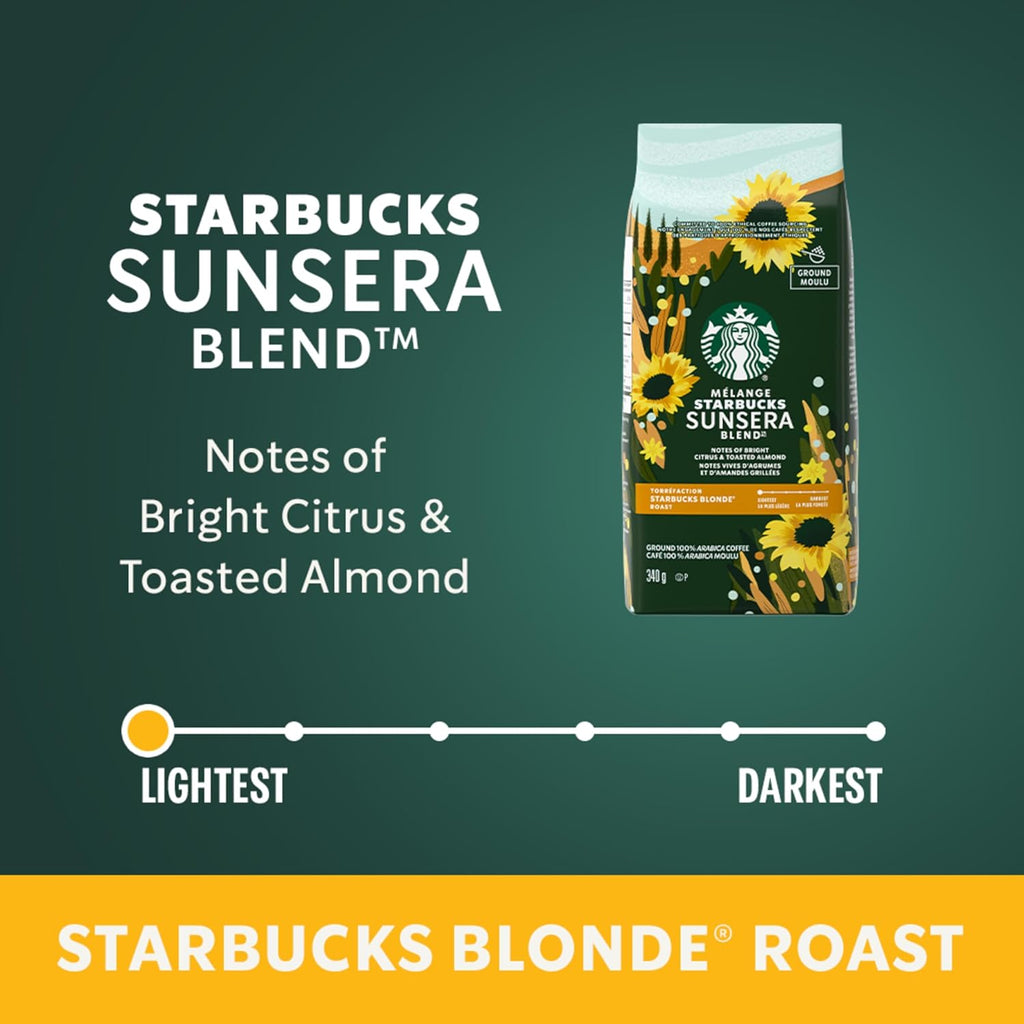 Starbucks Sunsera Blend coffee package with product details on a green background