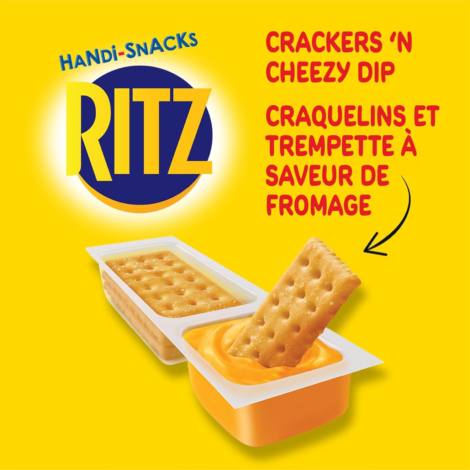 Ritz Handi-Snacks Crackers & Cheese Flavored Dip, (10x27g), 270g/9.5 oz - Ritz crackers with cheese dip on a yellow background