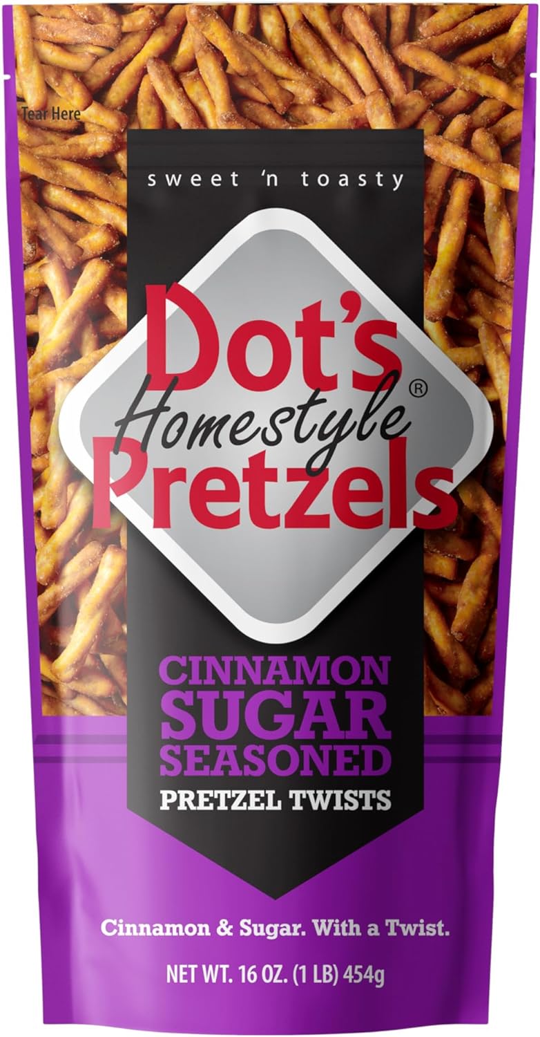 Dot's cinnamon Sugar Homestyle Pretzel Twits, 454g, front of bag.