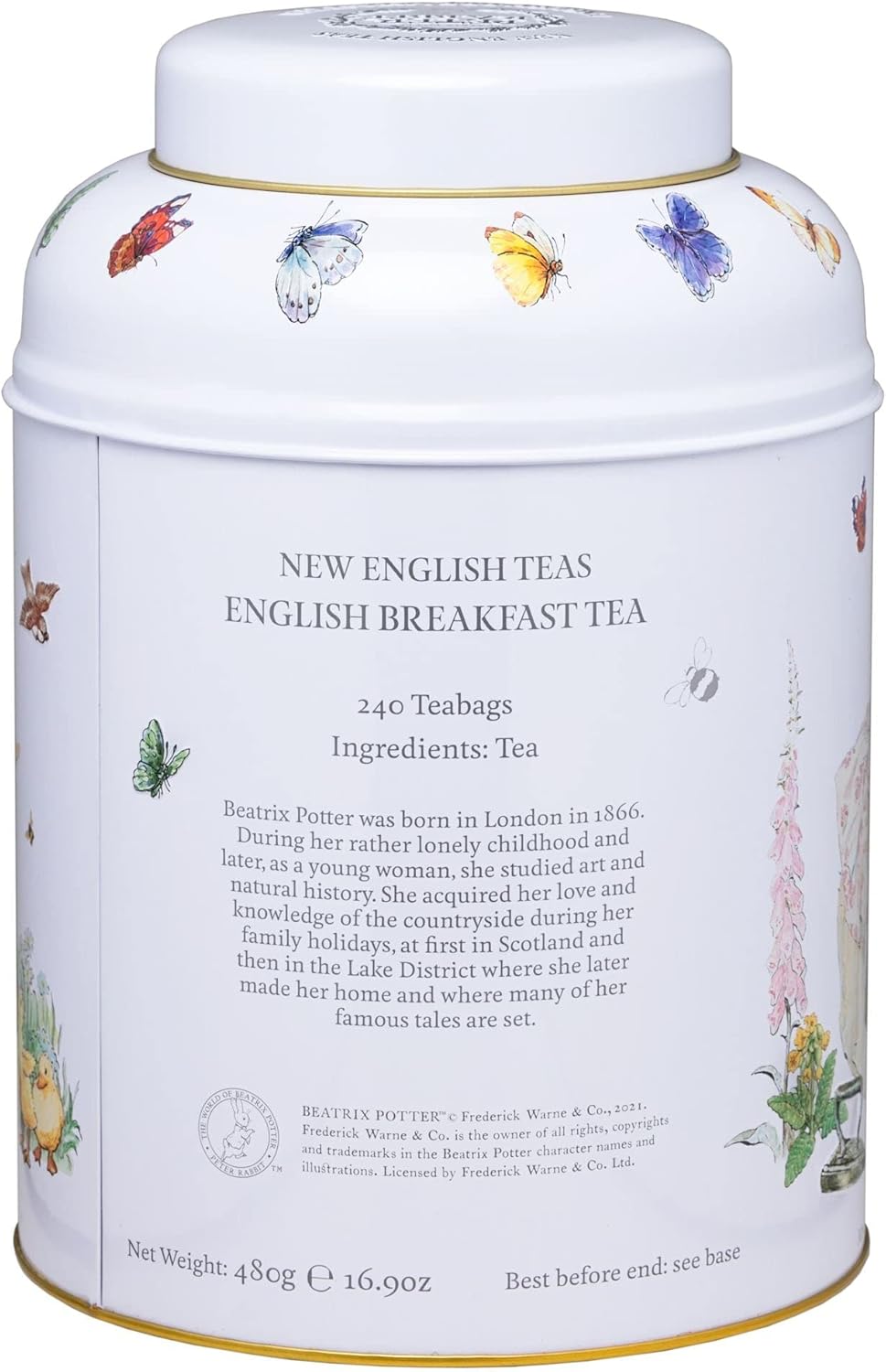 New English Teas Beatrix Potter Peter Rabbit Tea Caddy - 240 Tea Bags - Tea canister with illustrations and text on the back, featuring 'New English Teas' branding.