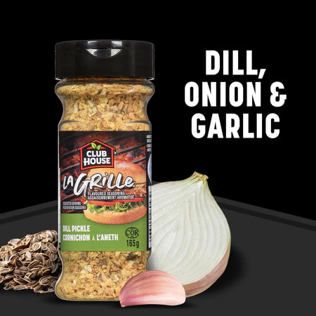 Spice jar of Club House La Grille Dill Pickle Seasoning labeled 'Dill, Onion & Garlic' with an onion and dill pickle on a black background