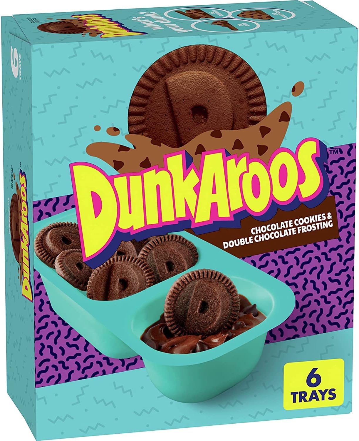 DunkAroos, Chocolate Cookies and Double Chocolate Frosting, 6 x 28g, front of box.