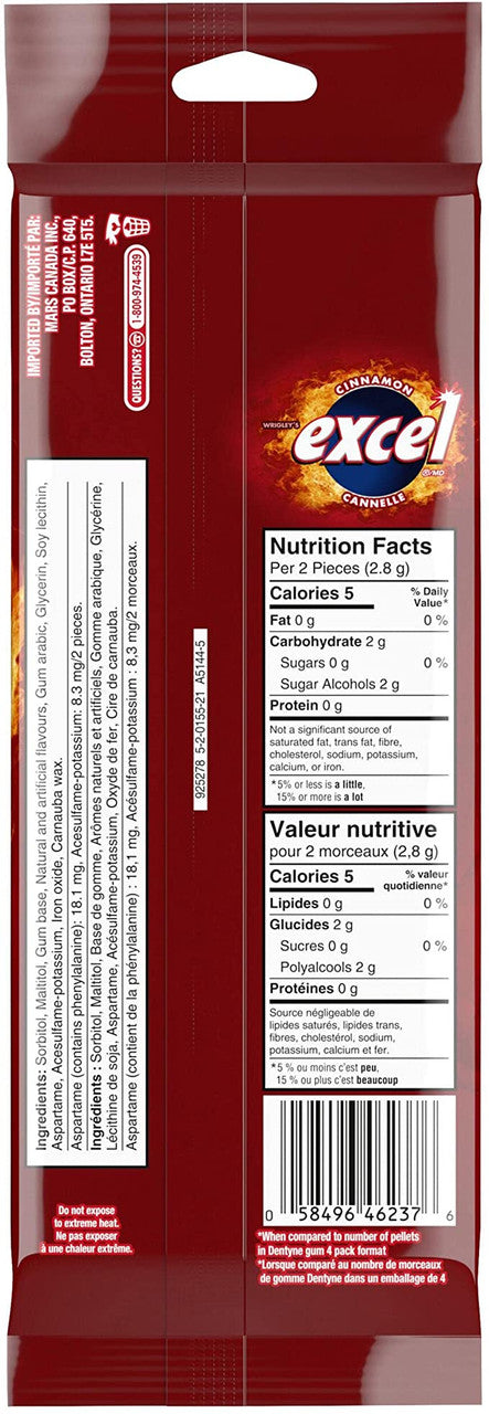 Excel Sugar-Free Gum, Cinnamon Inferno, 3-Pack, 18 pieces each {Imported from Canada}