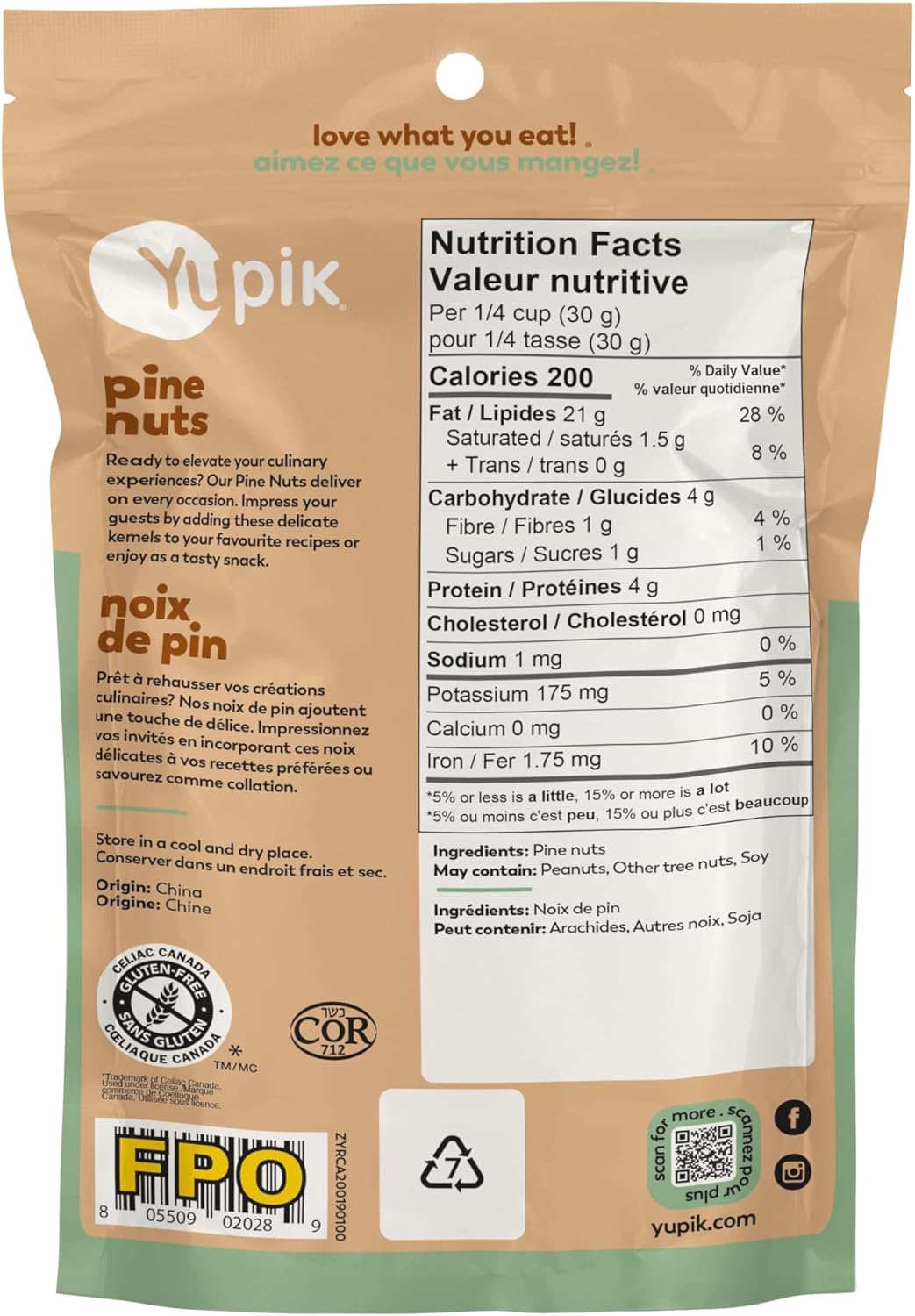 Yupik Raw Pine Nuts, 100g/3.5 oz. - Back Of Bag