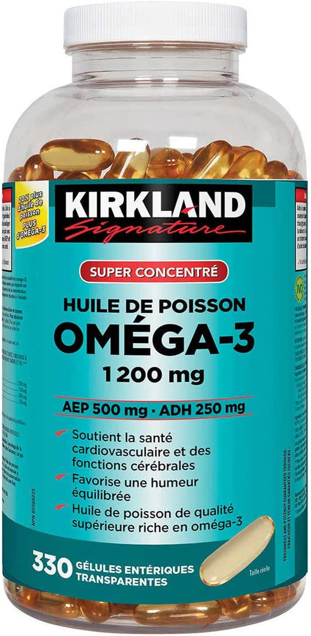 Kirkland Signature Super Concentrate Omega-3 Fish Oil 1200mg, EPA 500/DHA 250mg, 330 Clear enteric softgels