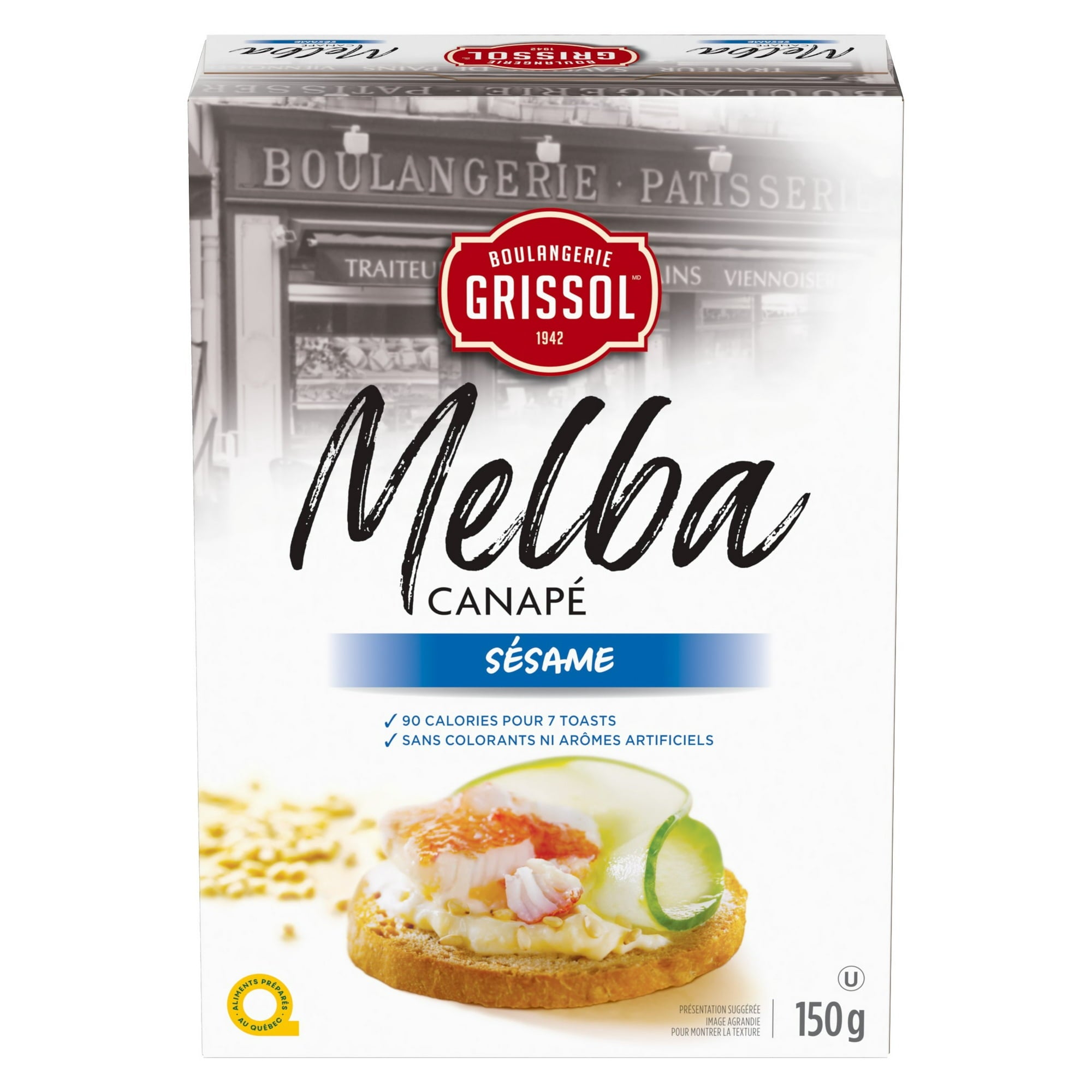 Boulangerie Grissol Melba Canape, Sesame, 150g, front of box.