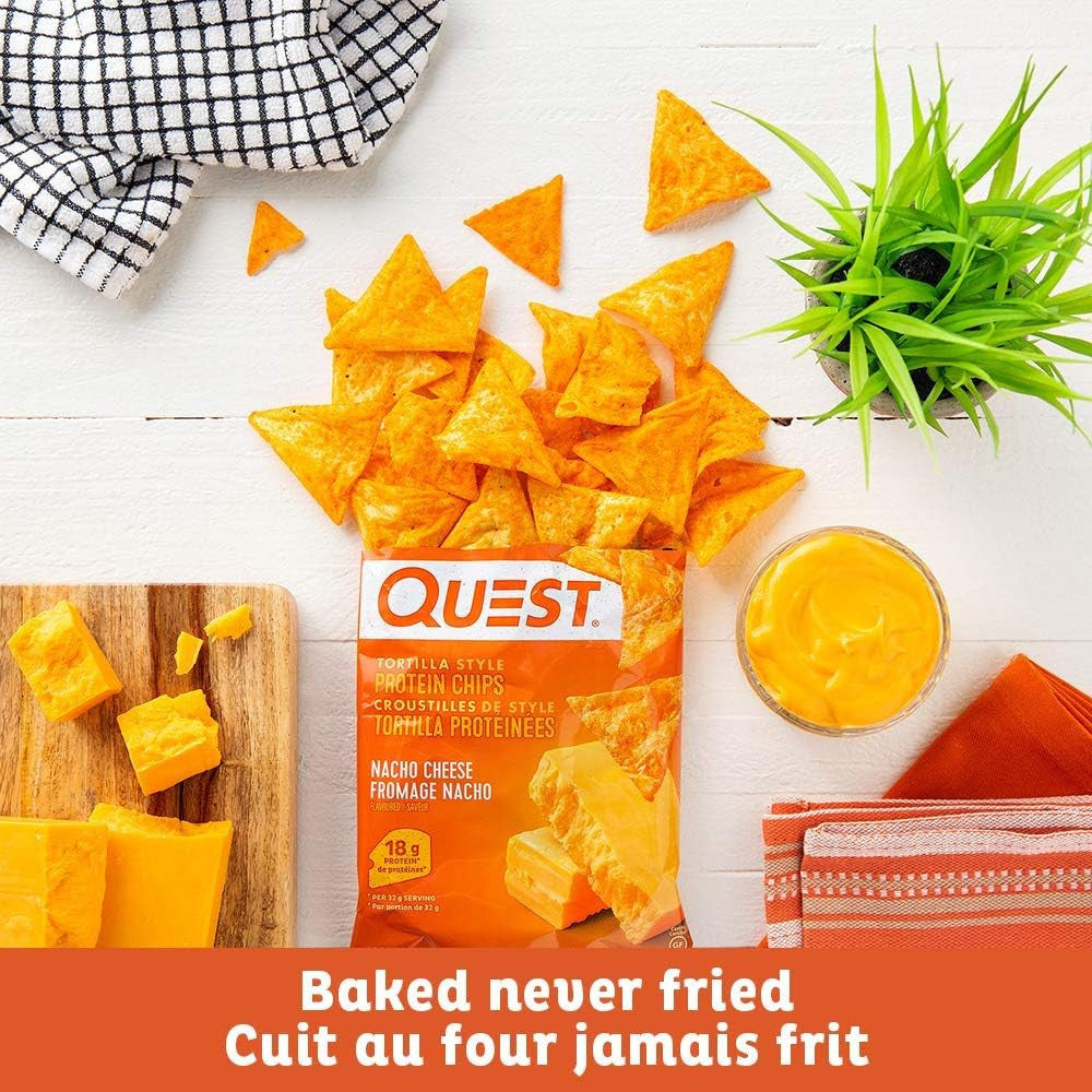 Quest Tortilla Style Protein Chips, Nacho Cheese Flavor, 32g/1.12 oz. Bag {Imported from Canada}