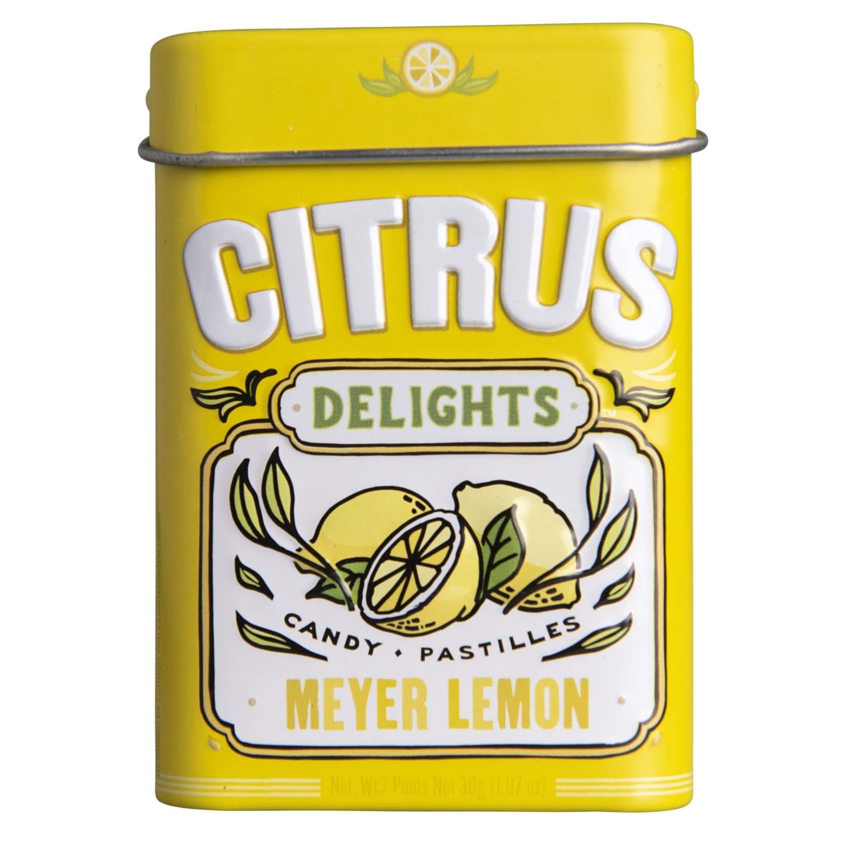 Citrus Delights Candy Pastilles, Mayer Lemon Flavor, 30g/1.07 oz. Tin, front of tin.