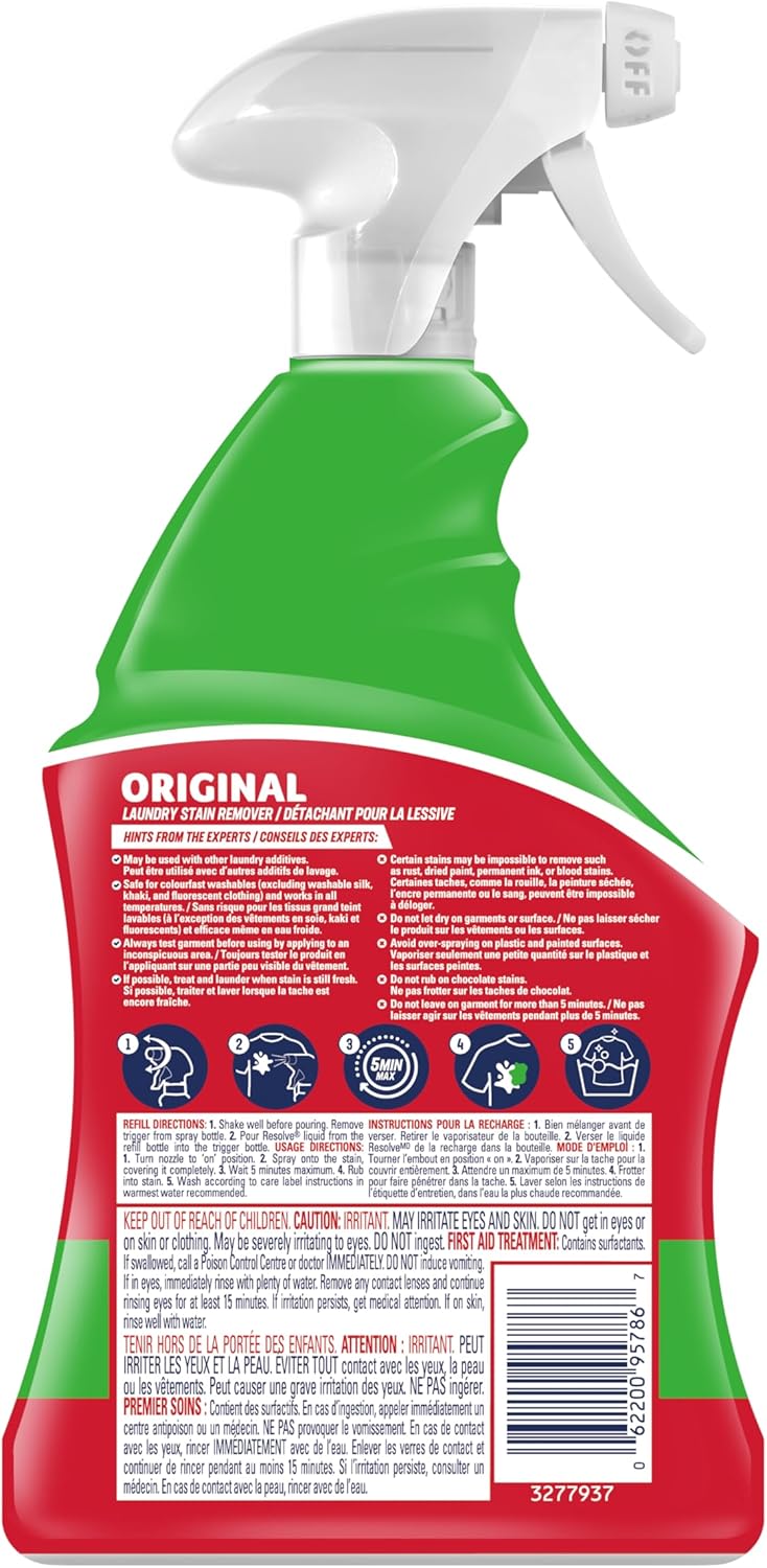 Resolve Original Laundry Stain Remover, 946ml/33.4 fl. oz, Back - Cleaning spray bottle with green and red design on a white background