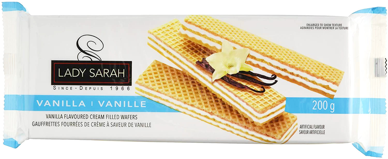 Lady Sarah Vanilla Flavored Cream Filled Wafers, 200g, front of package.