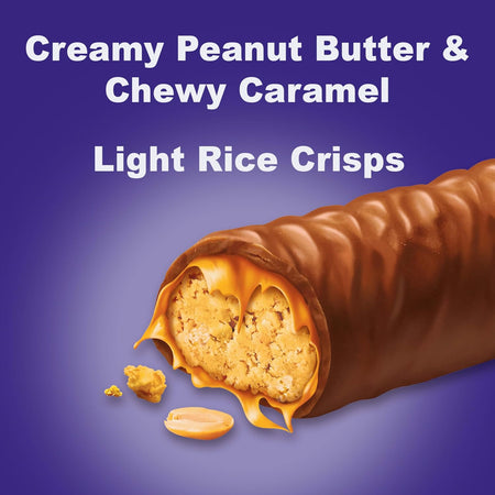 A Cadbury Wunderbar bar with Rice crisps, creamy peanut butter and chewy caramel filling on a blue background