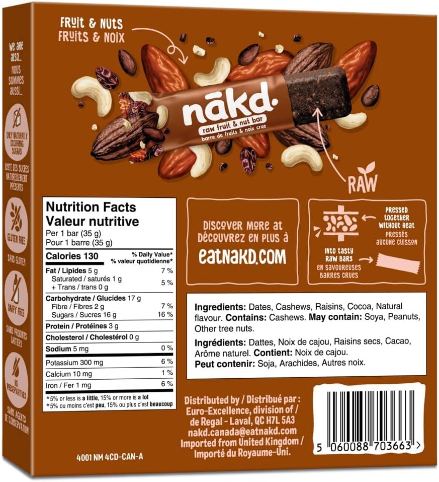 Nakd. Cocoa Delight Raw Fruit & Nut Bars, 4 x 35g, 140g/5 oz. Box