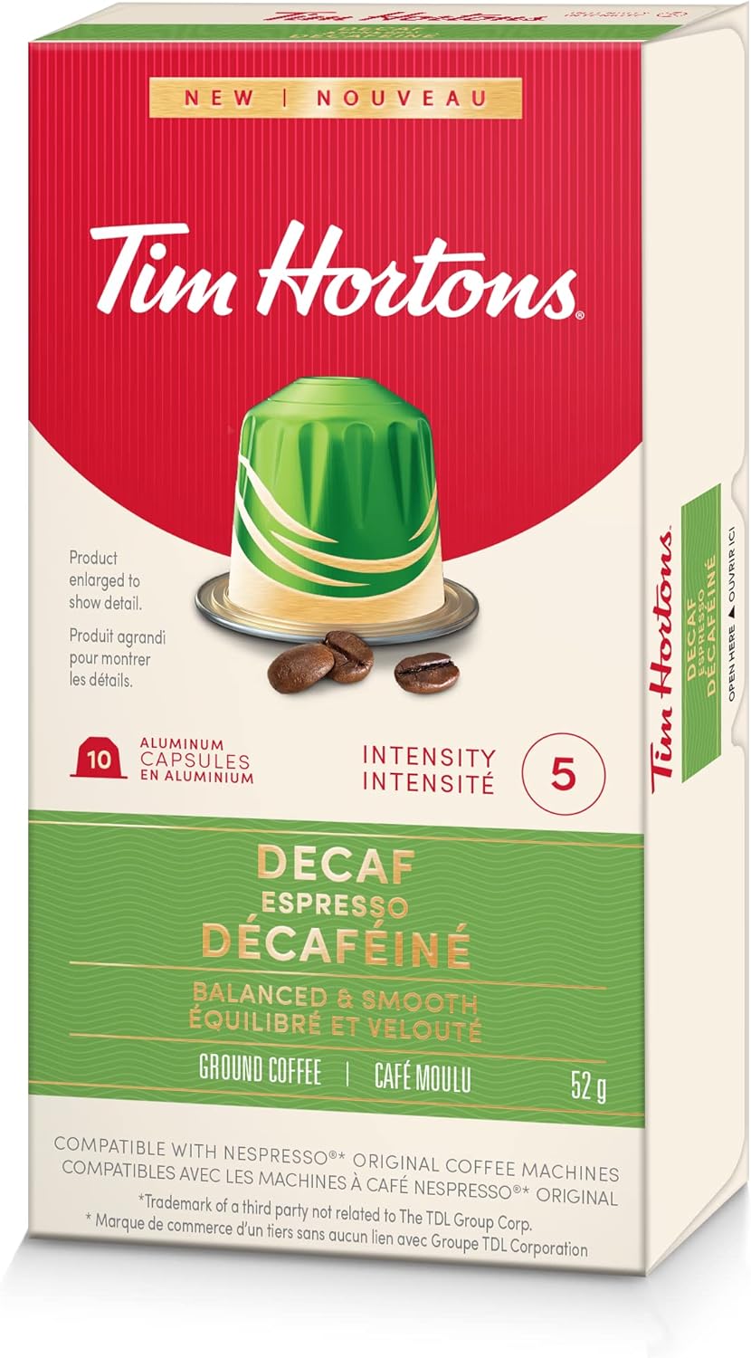 Tim Hortons Decaf Espresso, Rich & Refined Coffee, Nespresso Aluminum Capsules, 10 Capsules, 52g/1.8 oz Box {Imported from Canada}