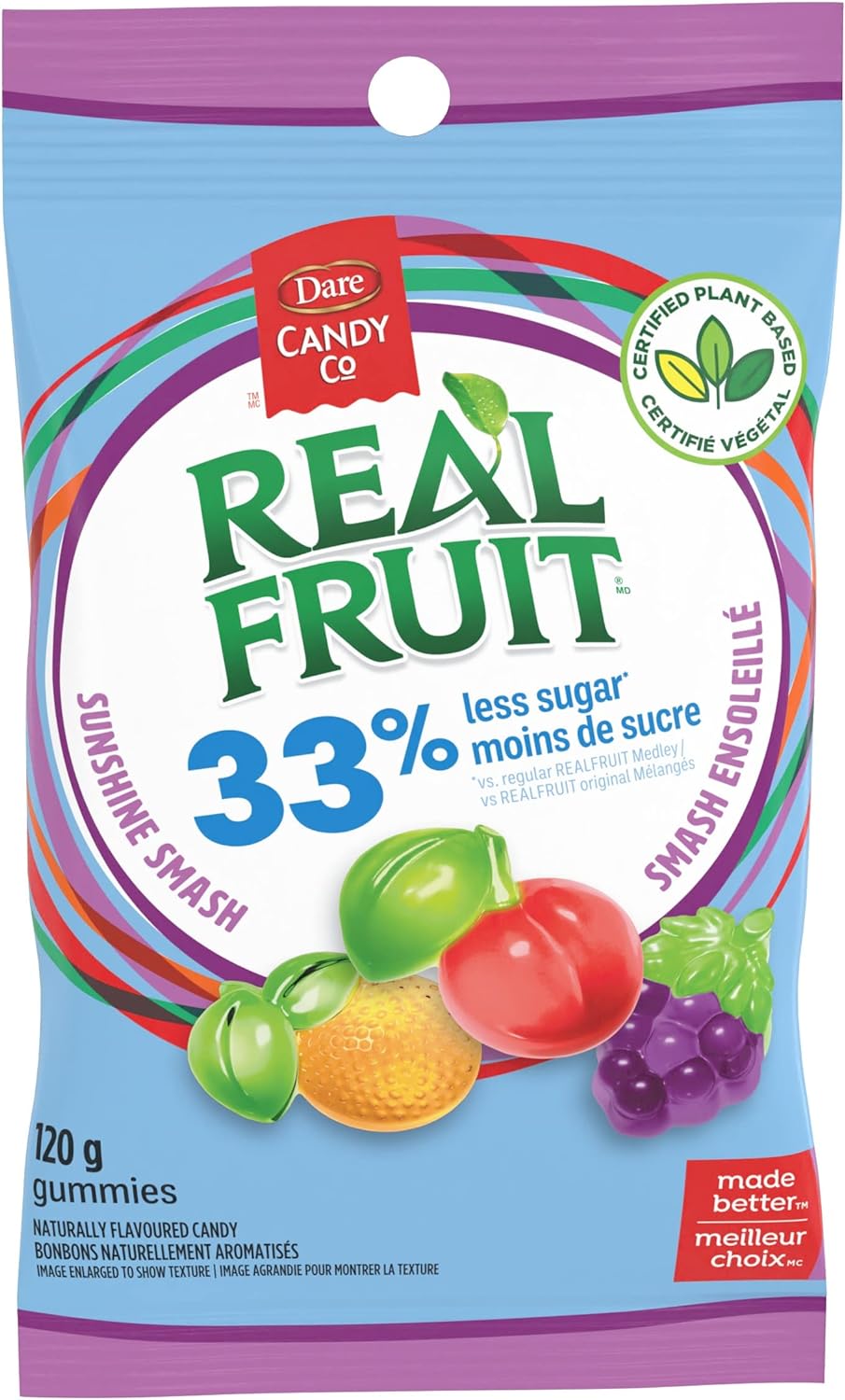 Dare Real Fruit Gummies, Sunshine Smash, 120g, front of bag.