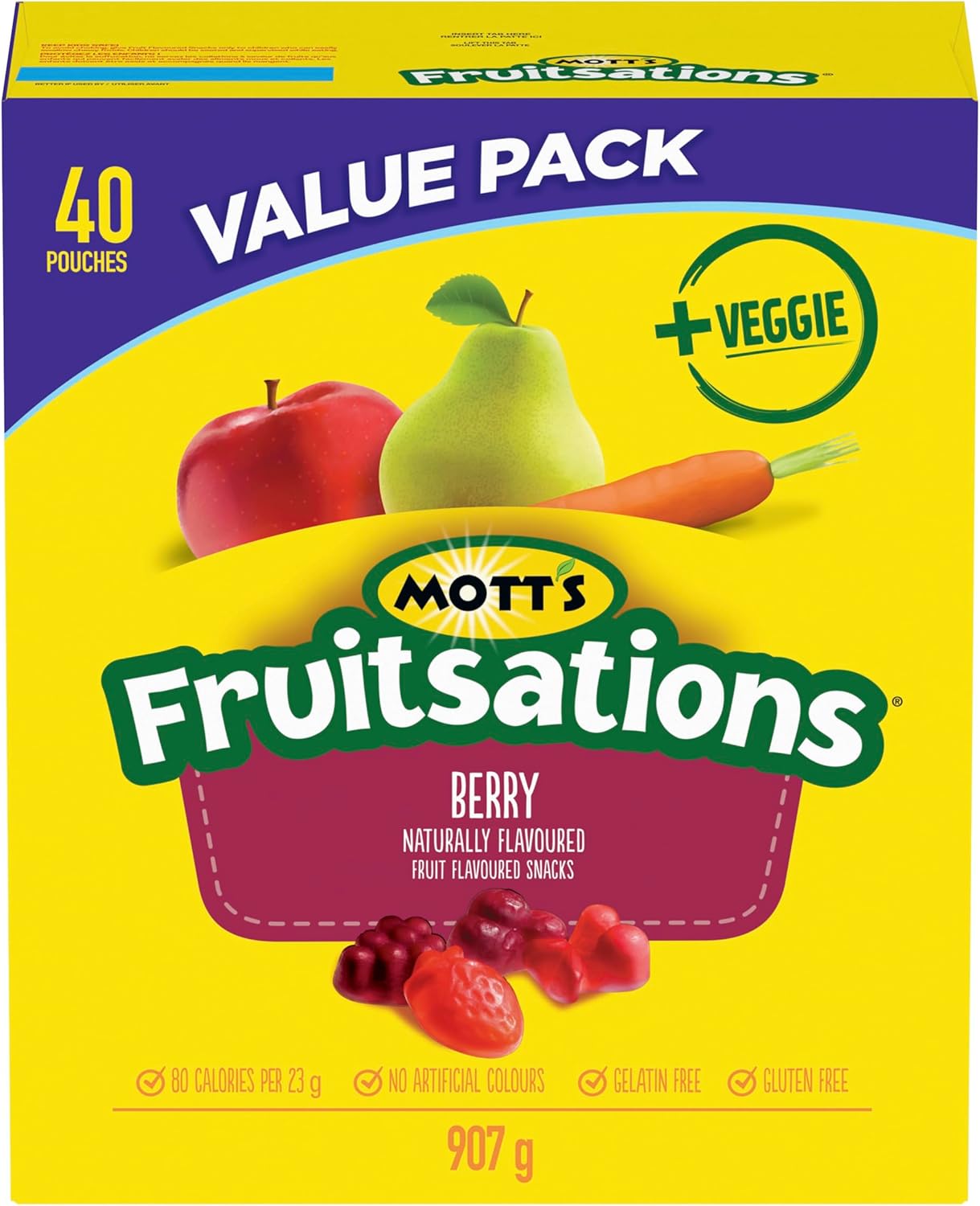 Mott's Fruitsations + Veggie Berry Gummies, 40 Pouches - 907g package with colorful graphics on a yellow background