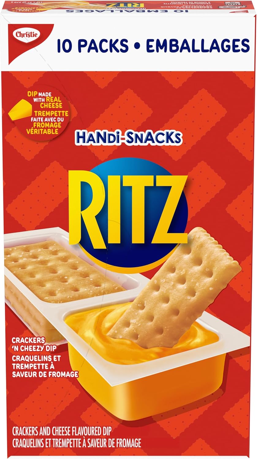 Ritz Handi-Snacks Crackers & Cheese Flavored Dip, (10x27g), 270g/9.5 oz, Front - Ritz Handi-Snacks packaging with crackers and cheese-flavored dip on a red background