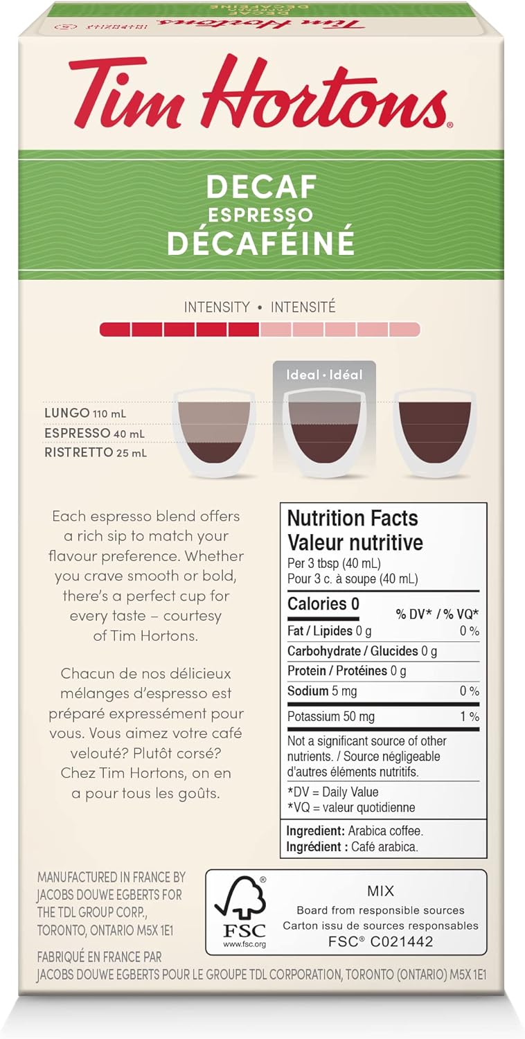Tim Hortons Decaf Espresso, Rich & Refined Coffee, Nespresso Aluminum Capsules, 10 Capsules, 52g/1.8 oz Box {Imported from Canada}